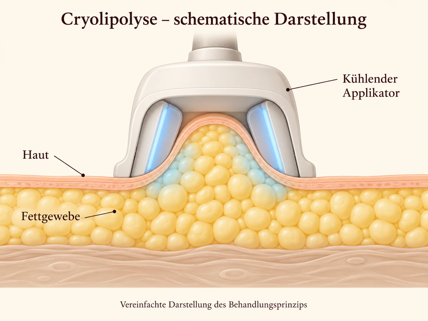 Schematischer Querschnitt: Ein kühlender Applikator umfasst eine Hautfalte mit darunterliegendem Fettgewebe.